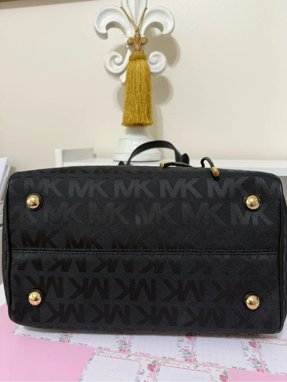 Michael Kors Logo-Print Handbag With Leather Handles And Leather Bag Charm.